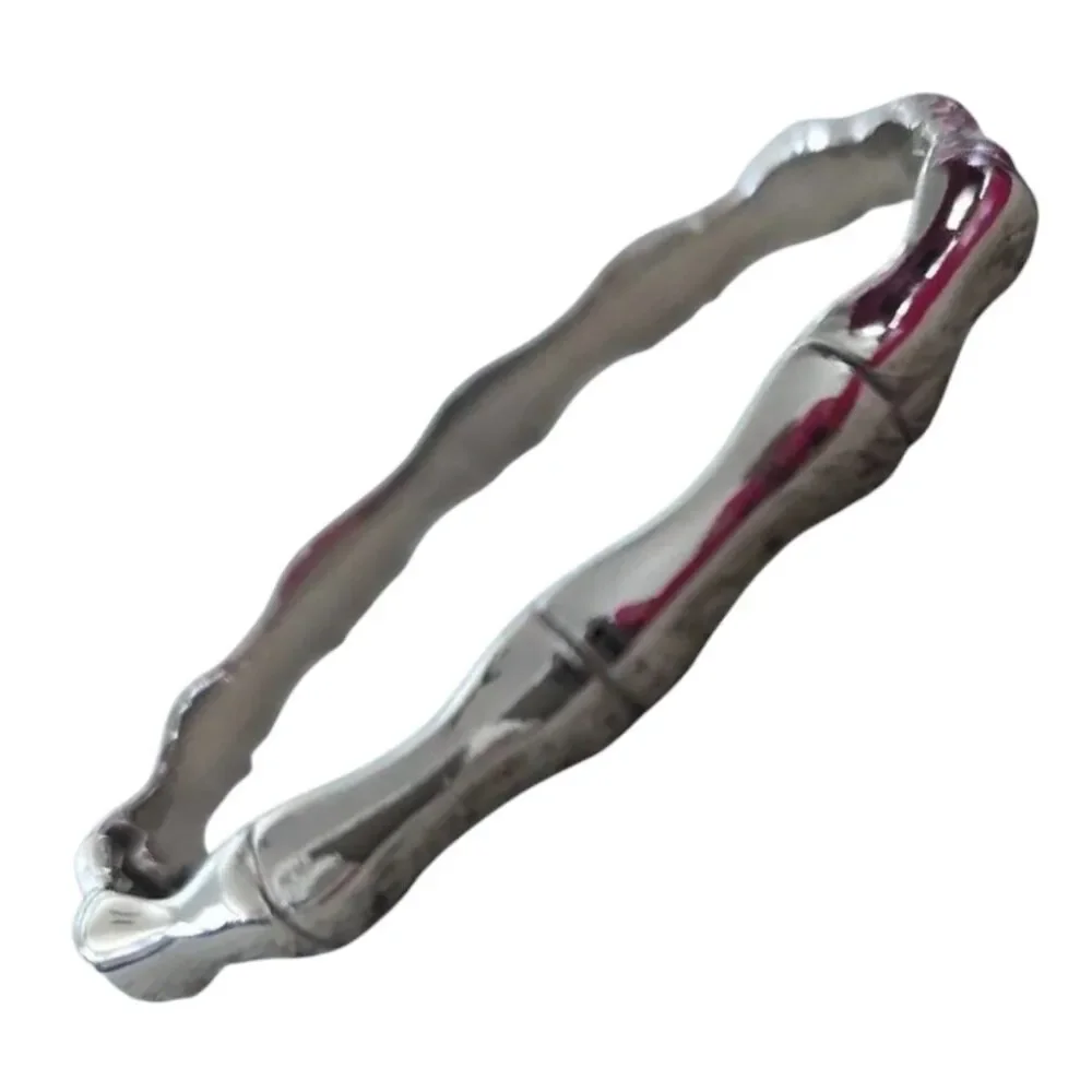 Bamboo Style Silver Tone Hinged Bracelet Sculptural Minimalist 7in
